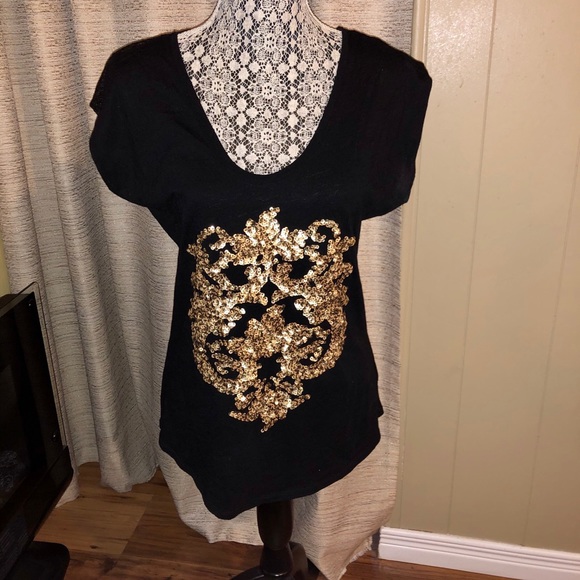 Express Black and Gold Lace Back Dress Top - Picture 1 of 3